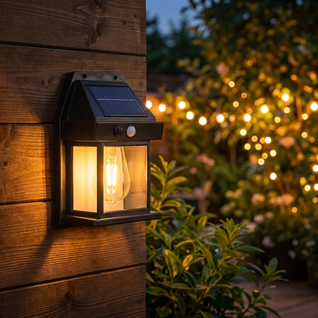 Foco solar vintage iluminando patio cottagecore de noche