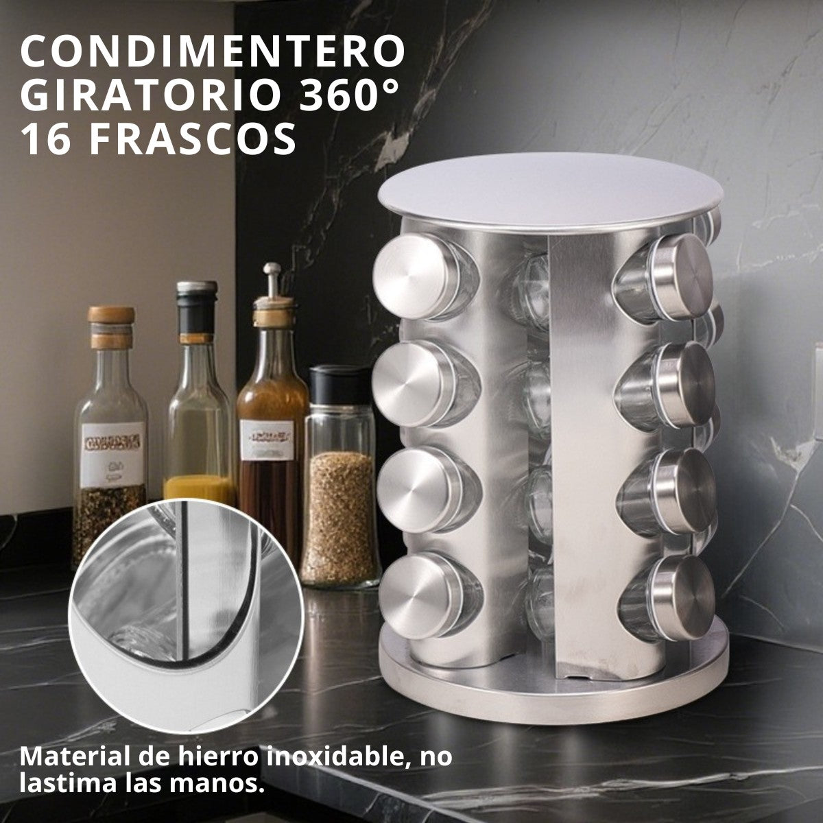 Condimentero Giratorio 360° con 16 frascos - Acero inoxidable