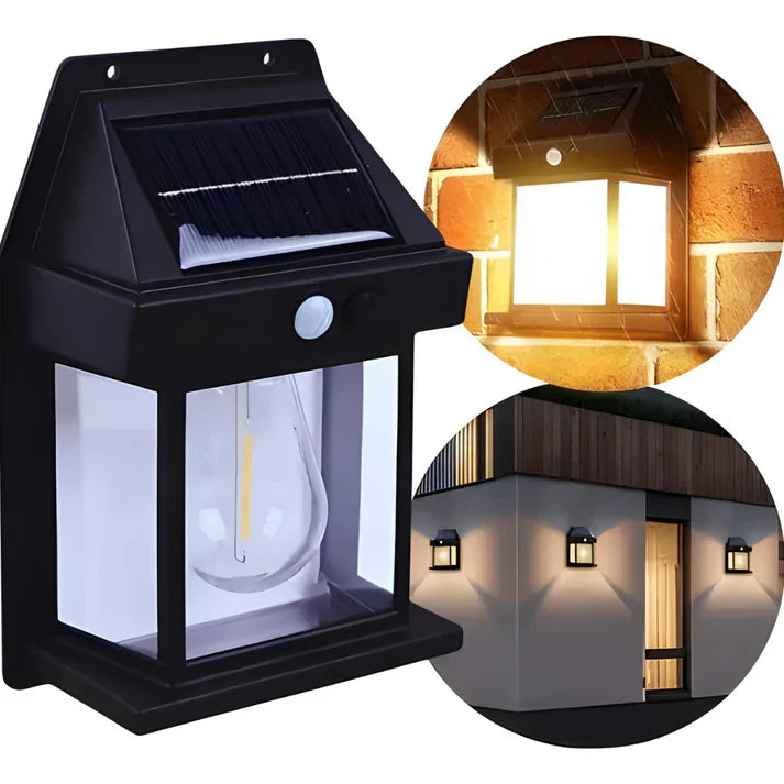Foco solar montado en pared exterior con detalles